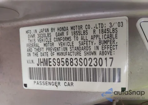 2003 Honda Civic Hybrid from USA, damaged, VIN JHMES95683S023017